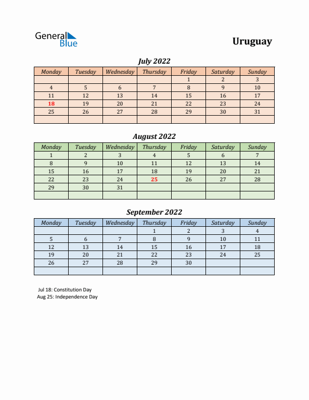 Q3 2022 Holiday Calendar - Uruguay