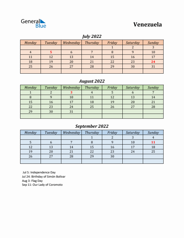 Q3 2022 Holiday Calendar - Venezuela