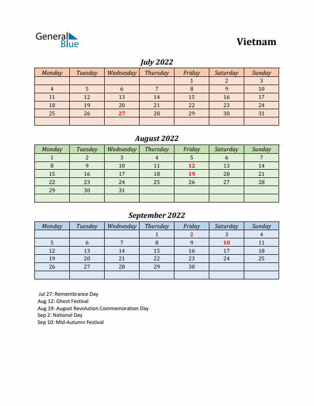 Q3 2022 Holiday Calendar - Vietnam