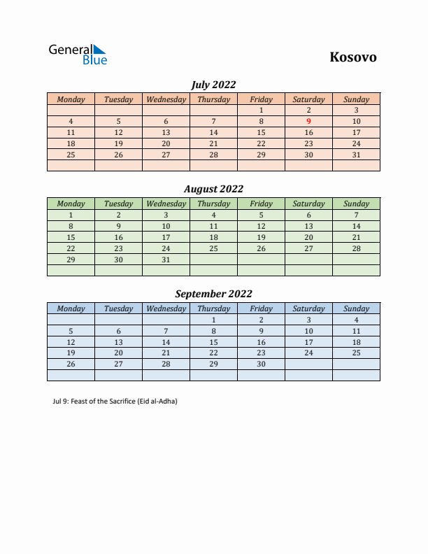 Q3 2022 Holiday Calendar - Kosovo