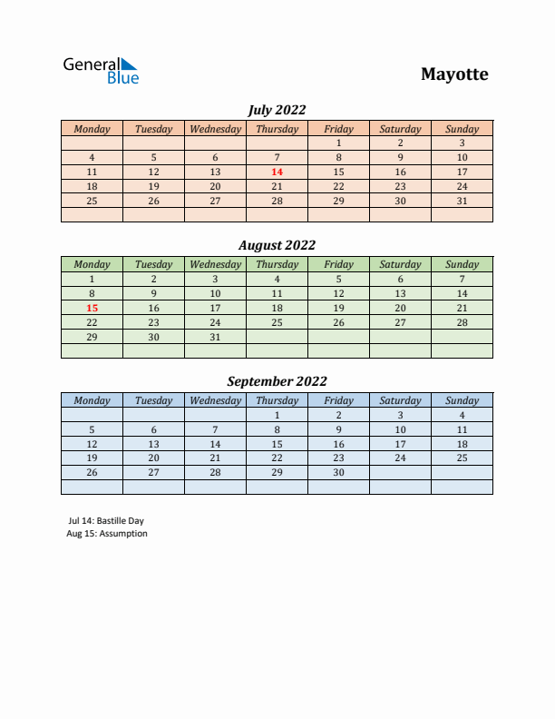 Q3 2022 Holiday Calendar - Mayotte