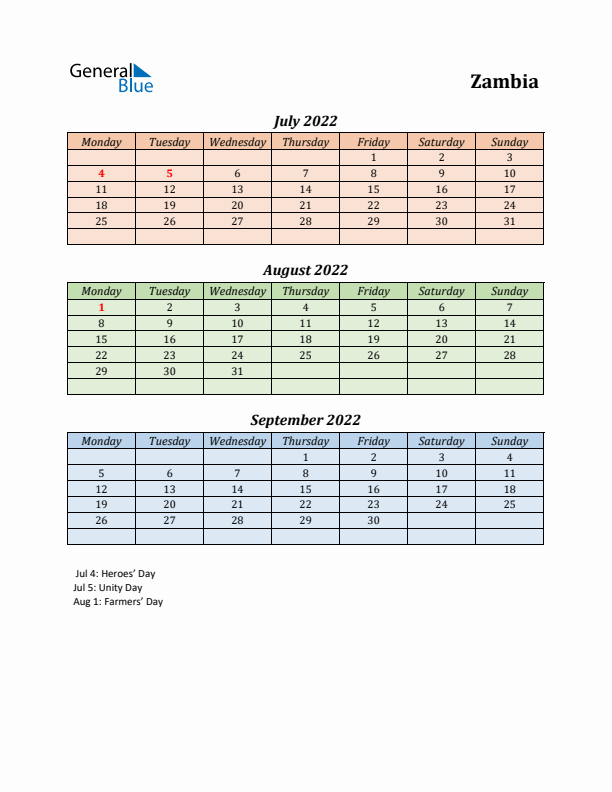 Q3 2022 Holiday Calendar - Zambia