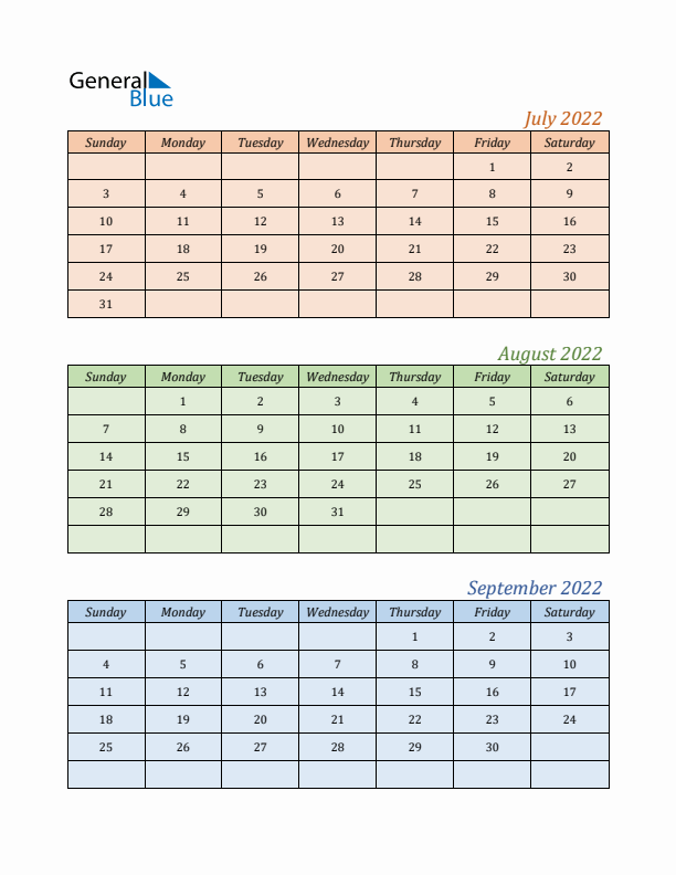 Three-Month Calendar for Year 2022 (July, August, and September)