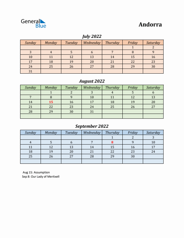 Q3 2022 Holiday Calendar - Andorra