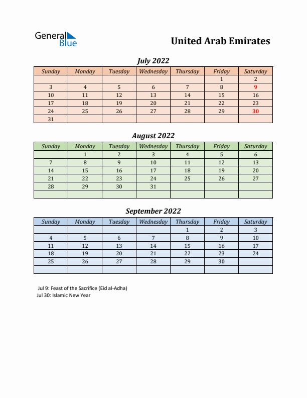 Q3 2022 Holiday Calendar - United Arab Emirates