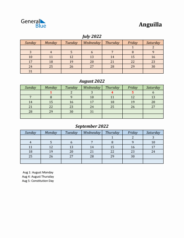 Q3 2022 Holiday Calendar - Anguilla