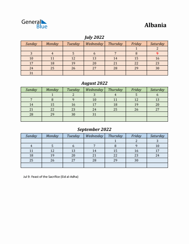 Q3 2022 Holiday Calendar - Albania