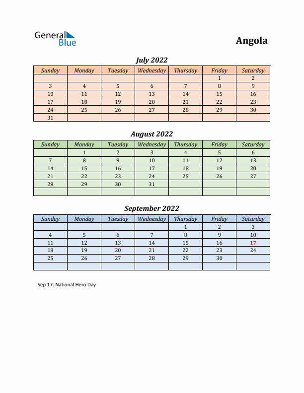 Q3 2022 Holiday Calendar - Angola