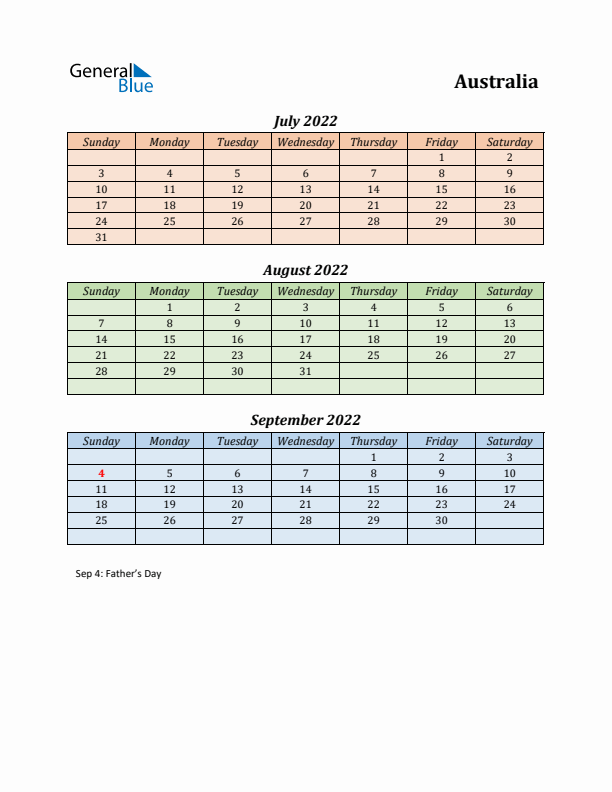 Q3 2022 Holiday Calendar - Australia