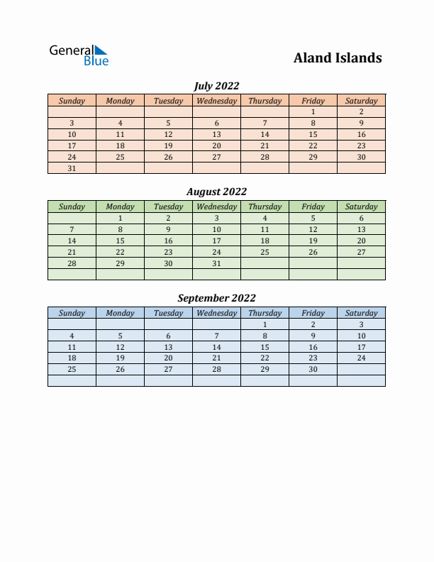 Q3 2022 Holiday Calendar - Aland Islands