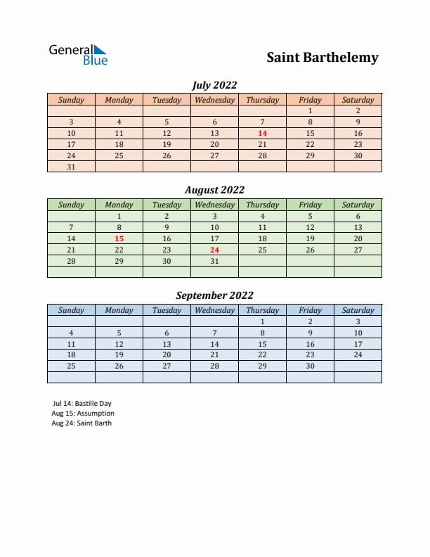 Q3 2022 Holiday Calendar - Saint Barthelemy