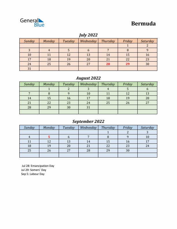 Q3 2022 Holiday Calendar - Bermuda