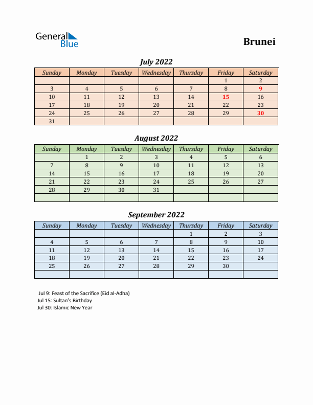 Q3 2022 Holiday Calendar - Brunei