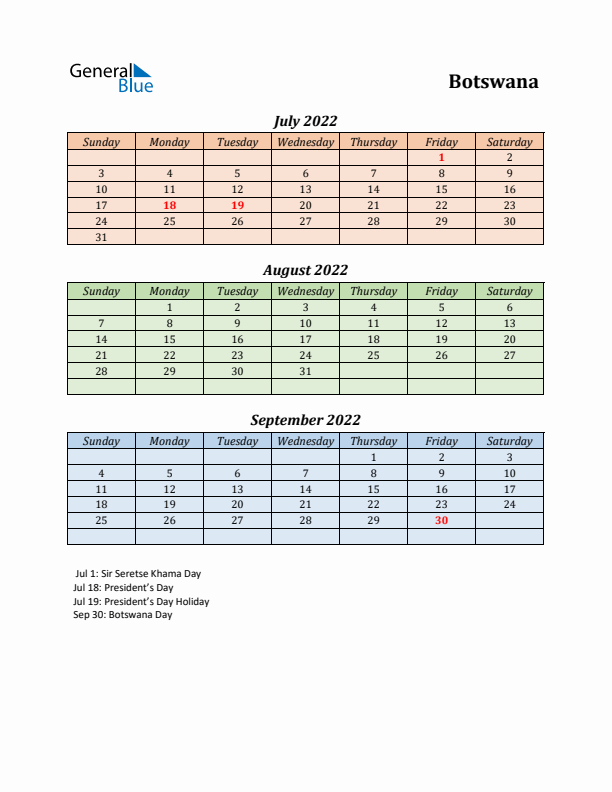 Q3 2022 Holiday Calendar - Botswana