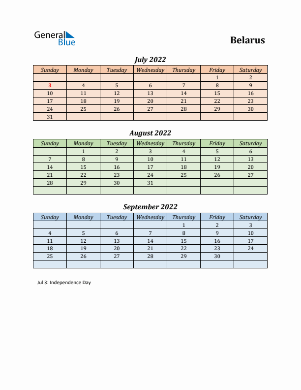 Q3 2022 Holiday Calendar - Belarus