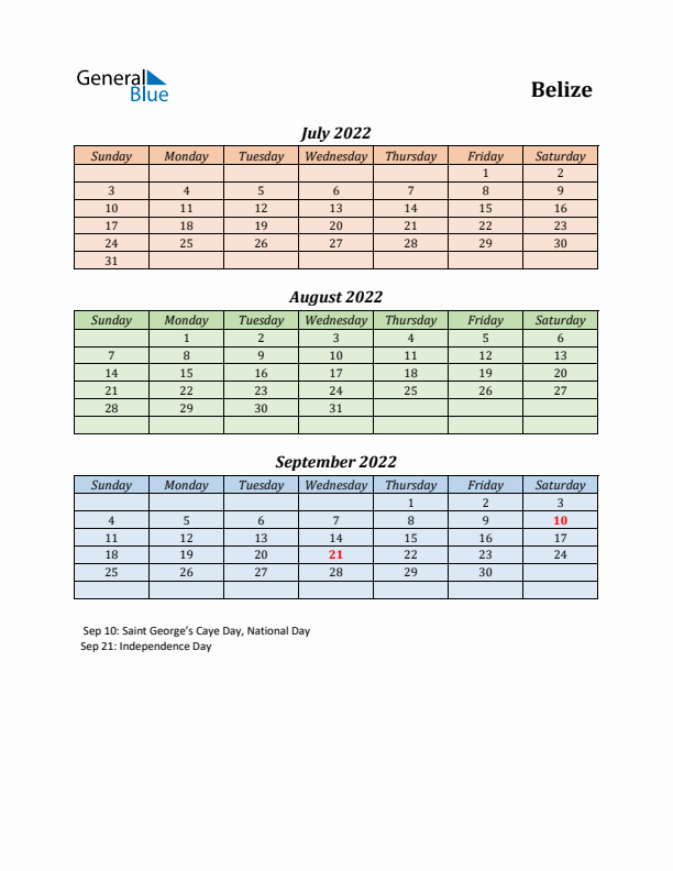 Q3 2022 Holiday Calendar - Belize