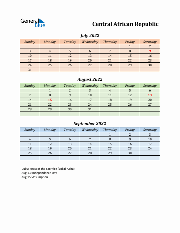 Q3 2022 Holiday Calendar - Central African Republic