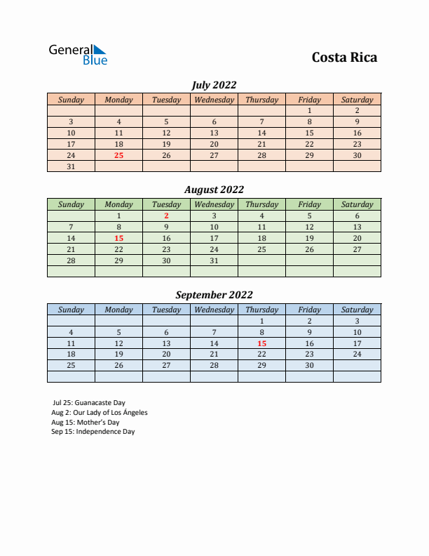 Q3 2022 Holiday Calendar - Costa Rica