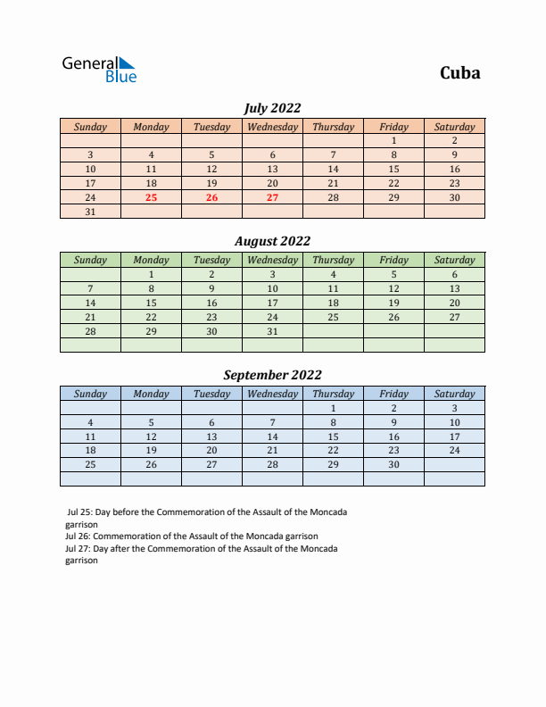 Q3 2022 Holiday Calendar - Cuba