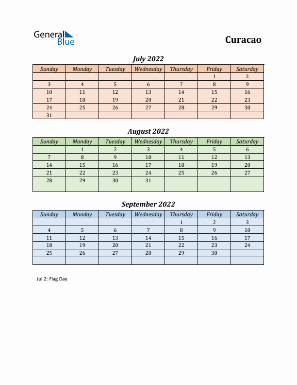 Q3 2022 Holiday Calendar - Curacao