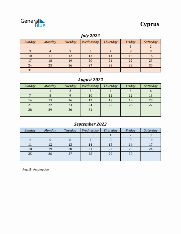 Q3 2022 Holiday Calendar - Cyprus