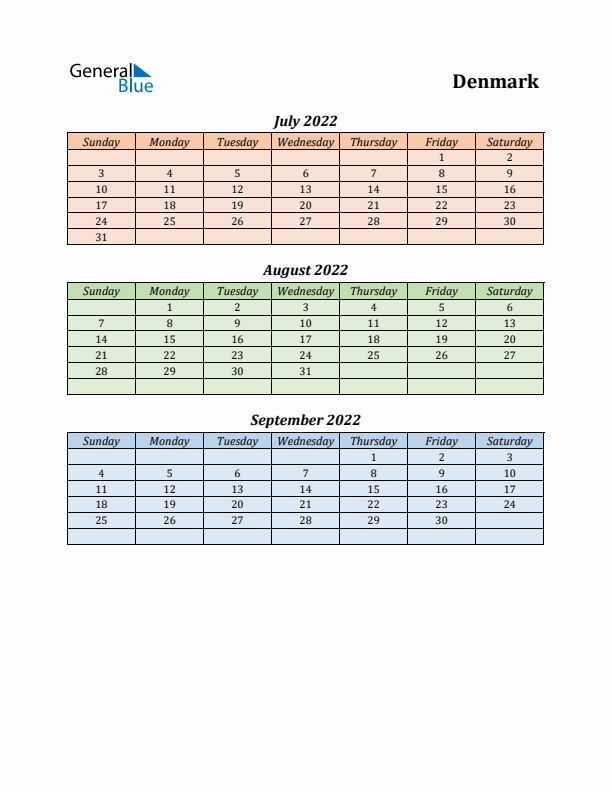 Q3 2022 Holiday Calendar - Denmark