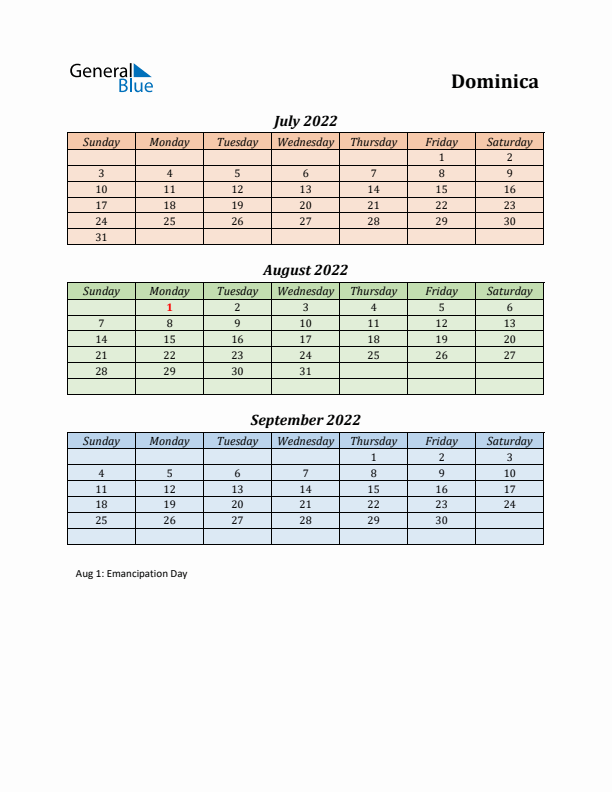 Q3 2022 Holiday Calendar - Dominica