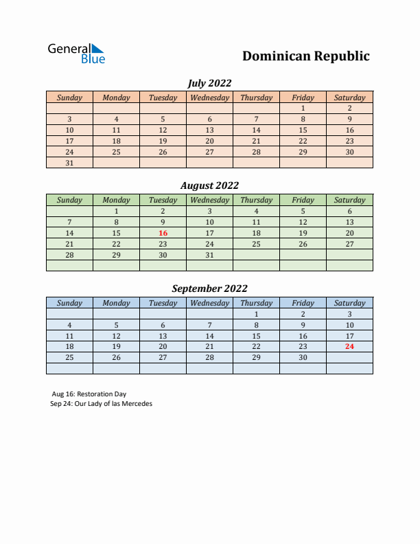 Q3 2022 Holiday Calendar - Dominican Republic