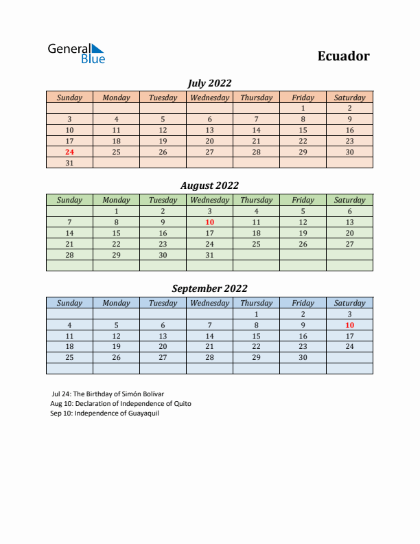 Q3 2022 Holiday Calendar - Ecuador