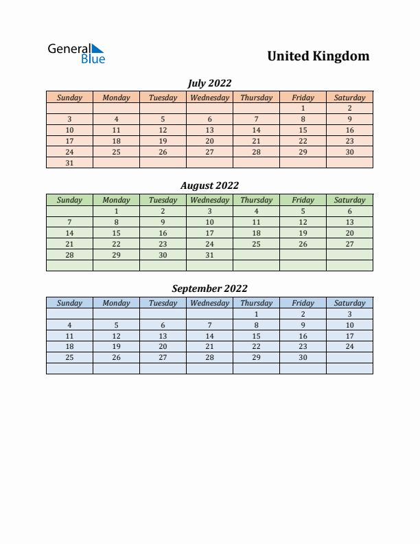 Q3 2022 Holiday Calendar - United Kingdom