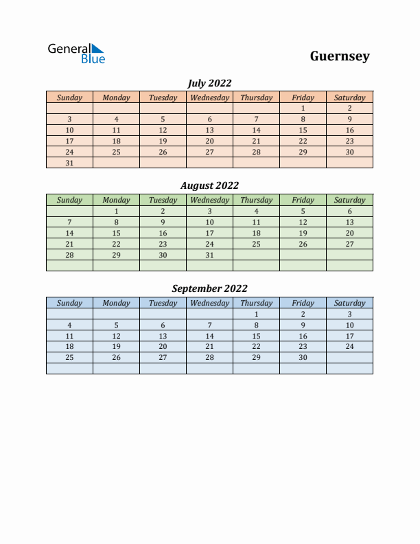 Q3 2022 Holiday Calendar - Guernsey