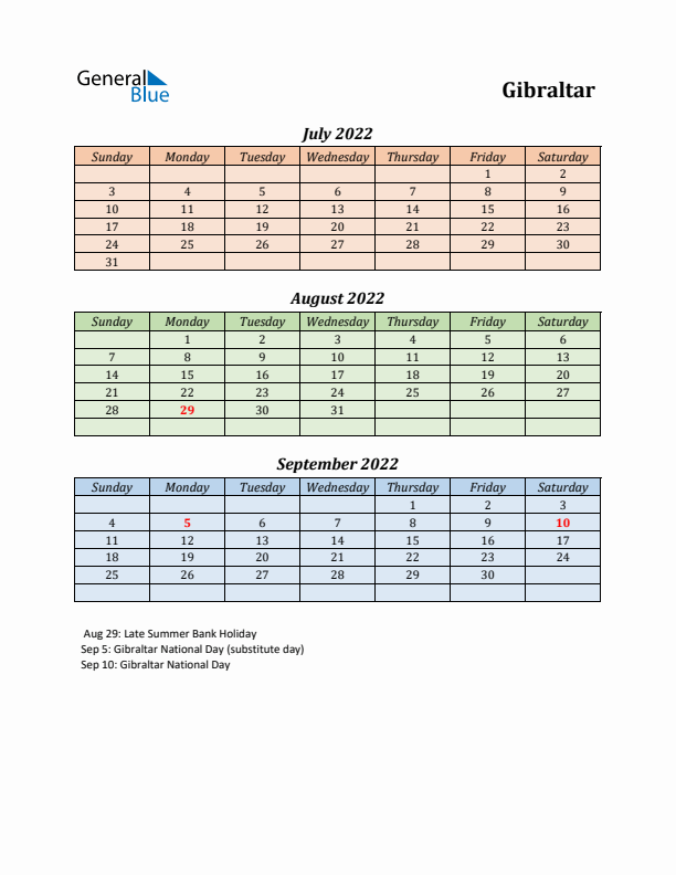 Q3 2022 Holiday Calendar - Gibraltar