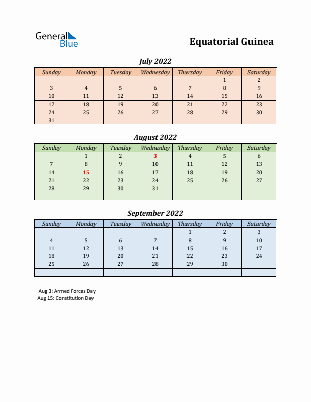 Q3 2022 Holiday Calendar - Equatorial Guinea