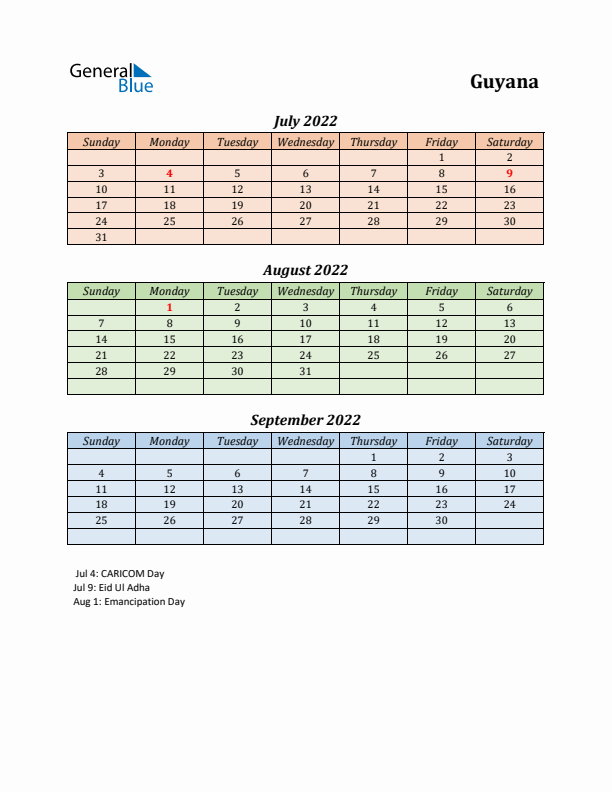 Q3 2022 Holiday Calendar - Guyana