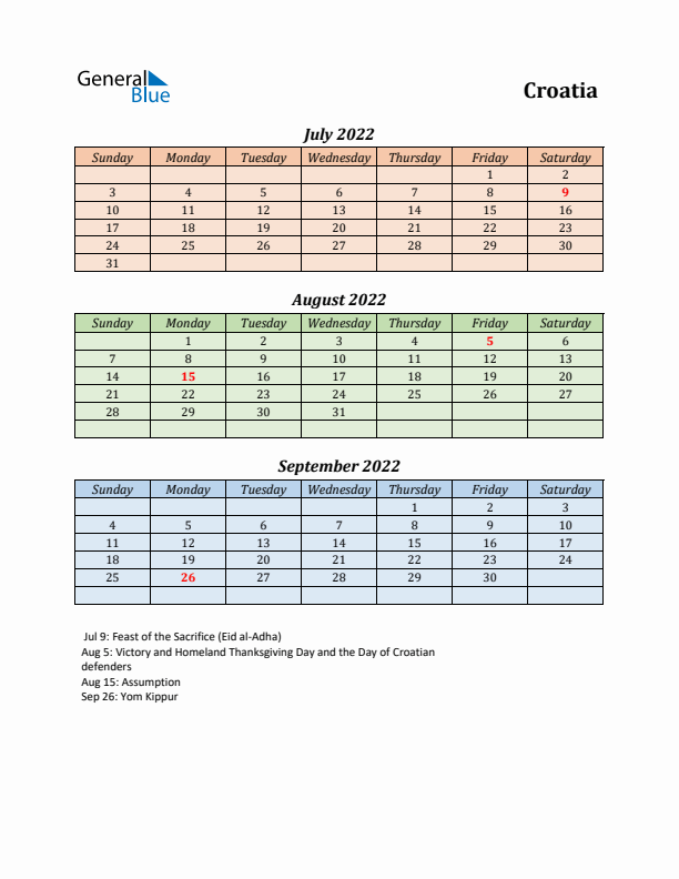 Q3 2022 Holiday Calendar - Croatia