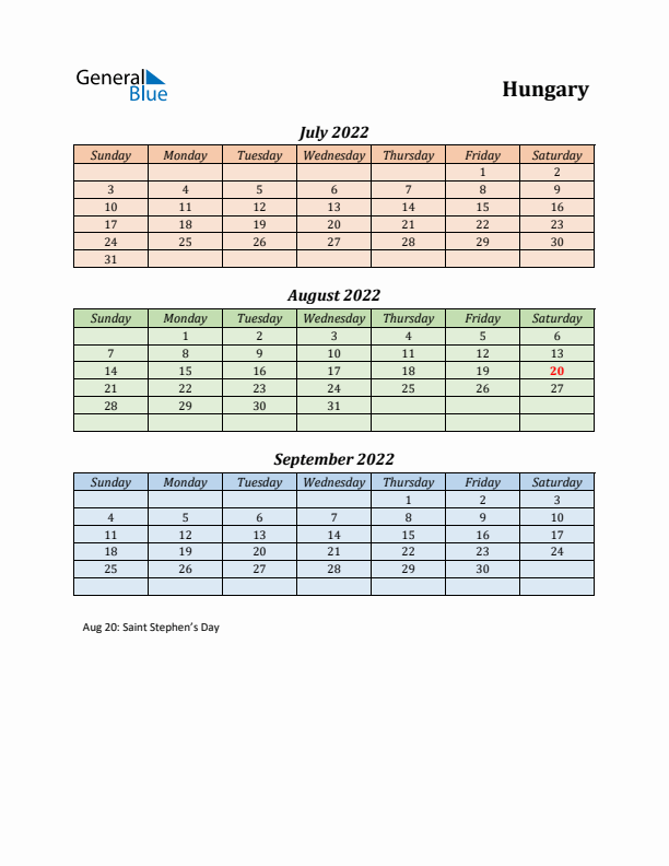 Q3 2022 Holiday Calendar - Hungary