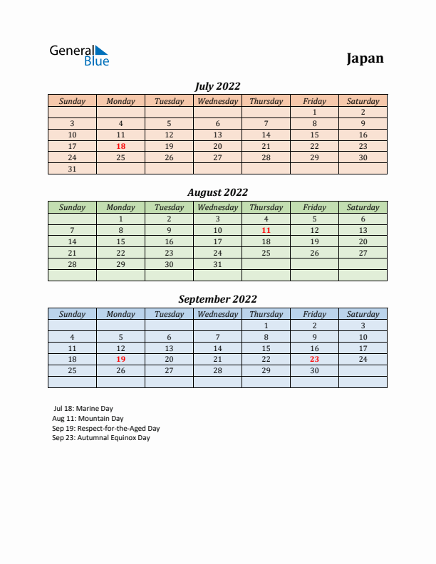 Q3 2022 Holiday Calendar - Japan