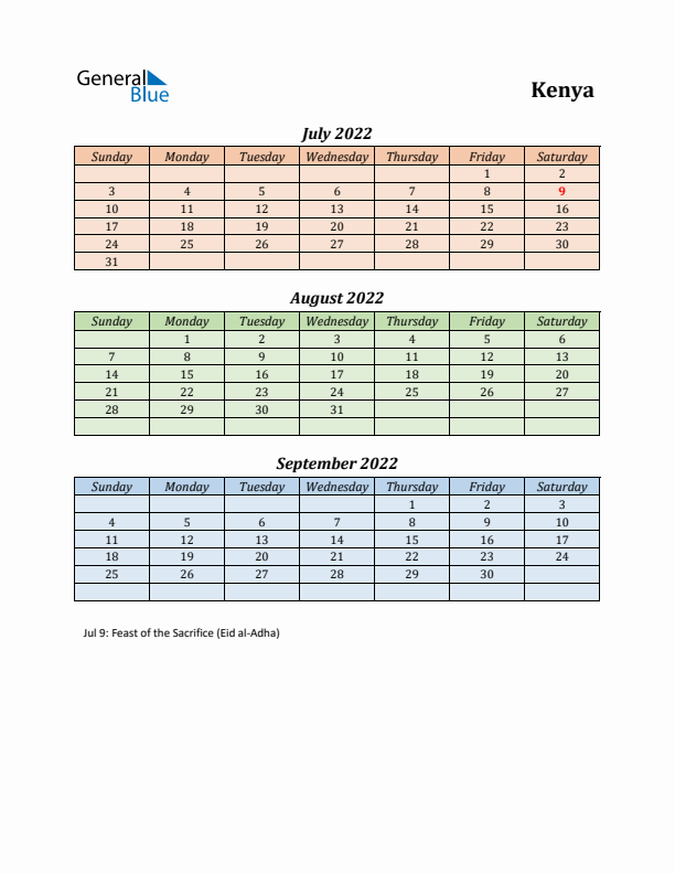 Q3 2022 Holiday Calendar - Kenya