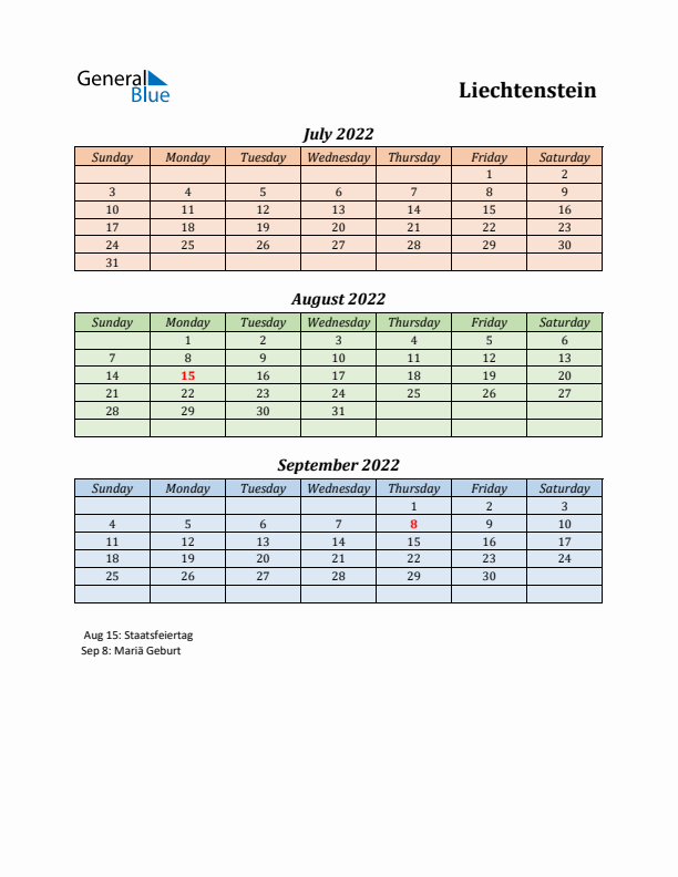 Q3 2022 Holiday Calendar - Liechtenstein