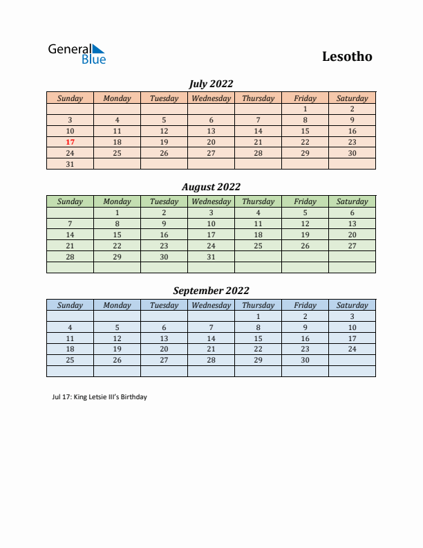 Q3 2022 Holiday Calendar - Lesotho