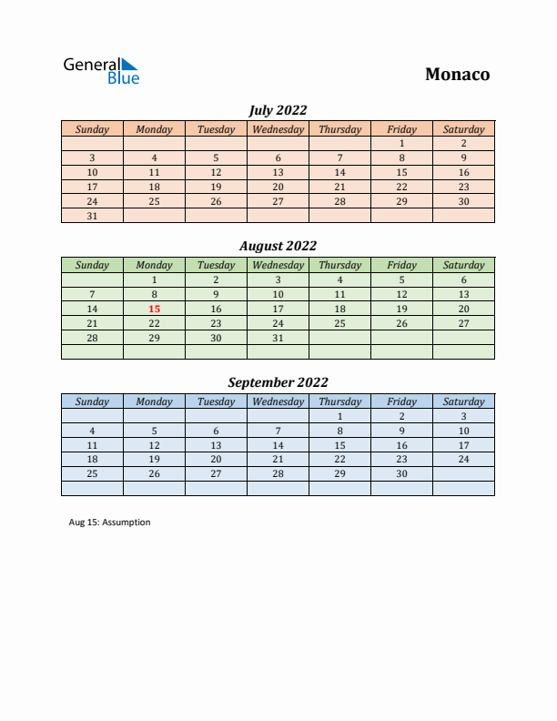 Q3 2022 Holiday Calendar - Monaco