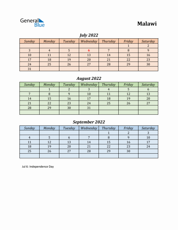 Q3 2022 Holiday Calendar - Malawi