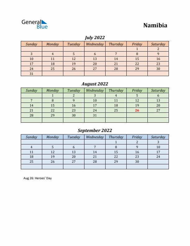 Q3 2022 Holiday Calendar - Namibia