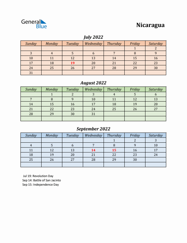 Q3 2022 Holiday Calendar - Nicaragua