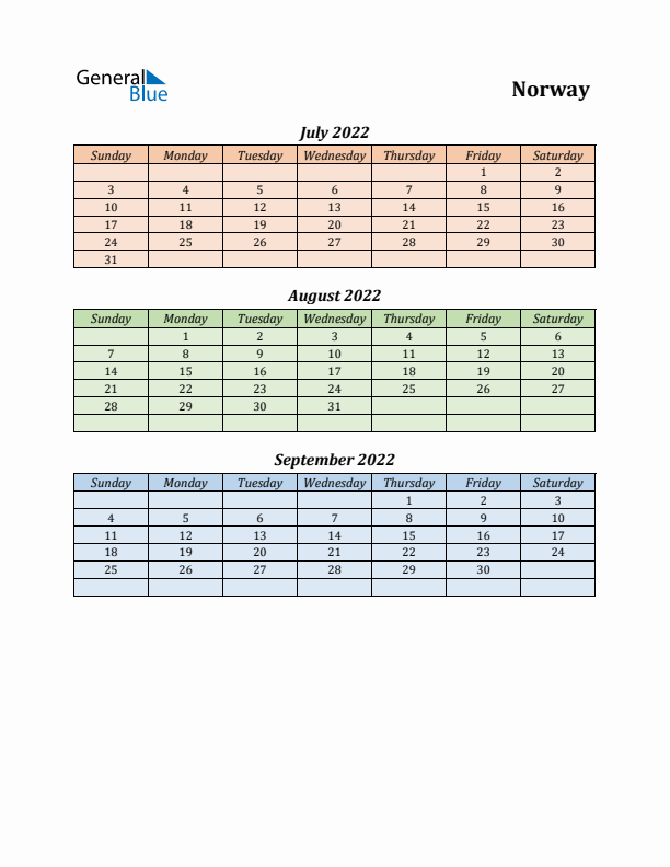 Q3 2022 Holiday Calendar - Norway