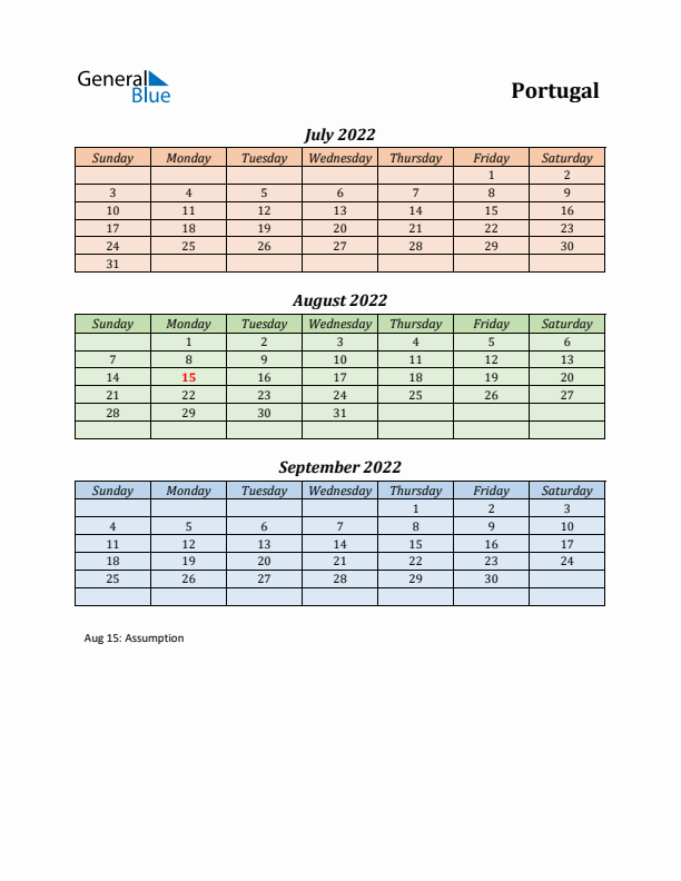 Q3 2022 Holiday Calendar - Portugal