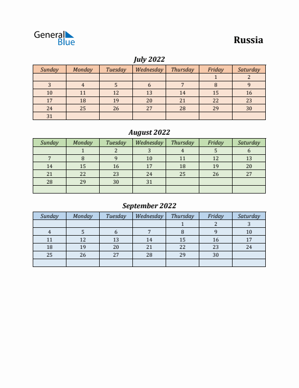 Q3 2022 Holiday Calendar - Russia