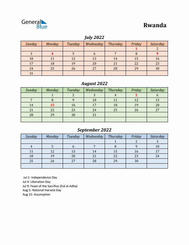 Q3 2022 Holiday Calendar - Rwanda