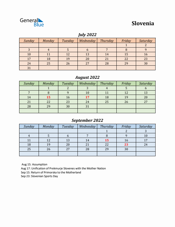 Q3 2022 Holiday Calendar - Slovenia