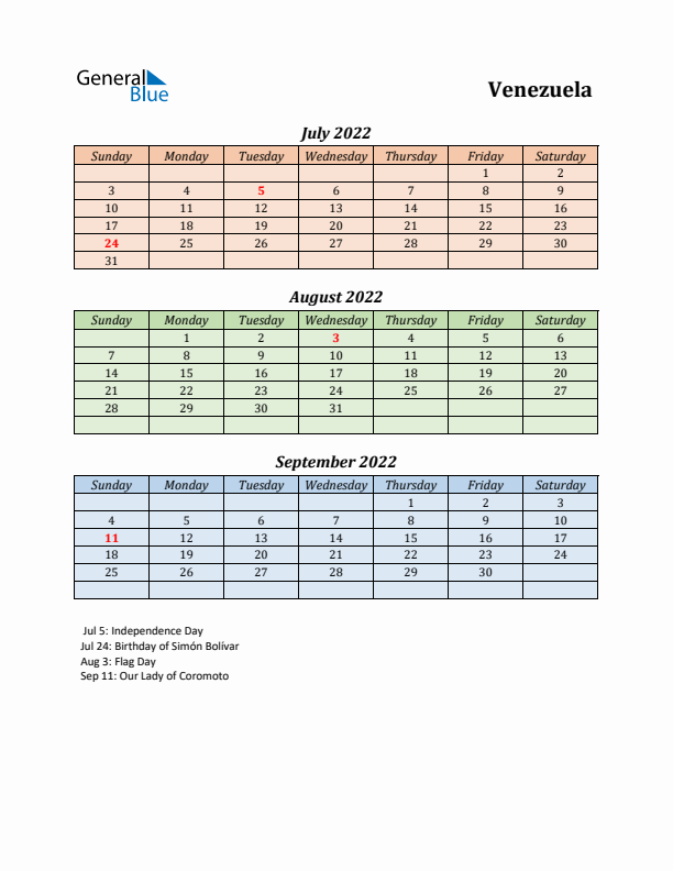 Q3 2022 Holiday Calendar - Venezuela